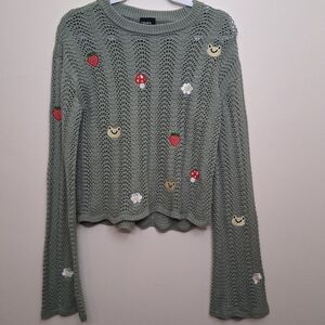 Thorn & Fable Sweater Womens Medium Green Mushroom Bell Sleeve Toadstool Granny